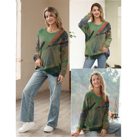 Women Christmas Sweater Graphic Print Oversized Pullover Floral 105 Loose Top - Picture 4 of 4